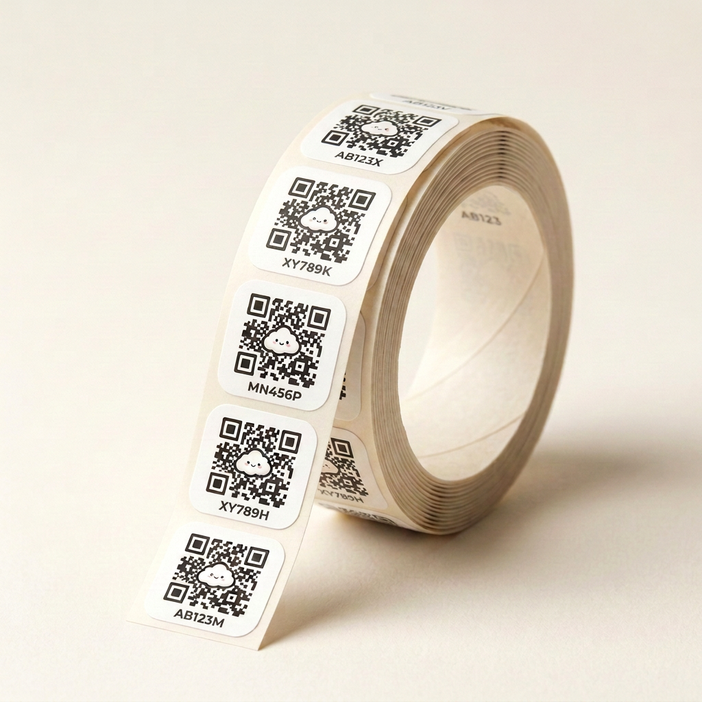 A cozy roll of 60 Stickylink QR stickers.